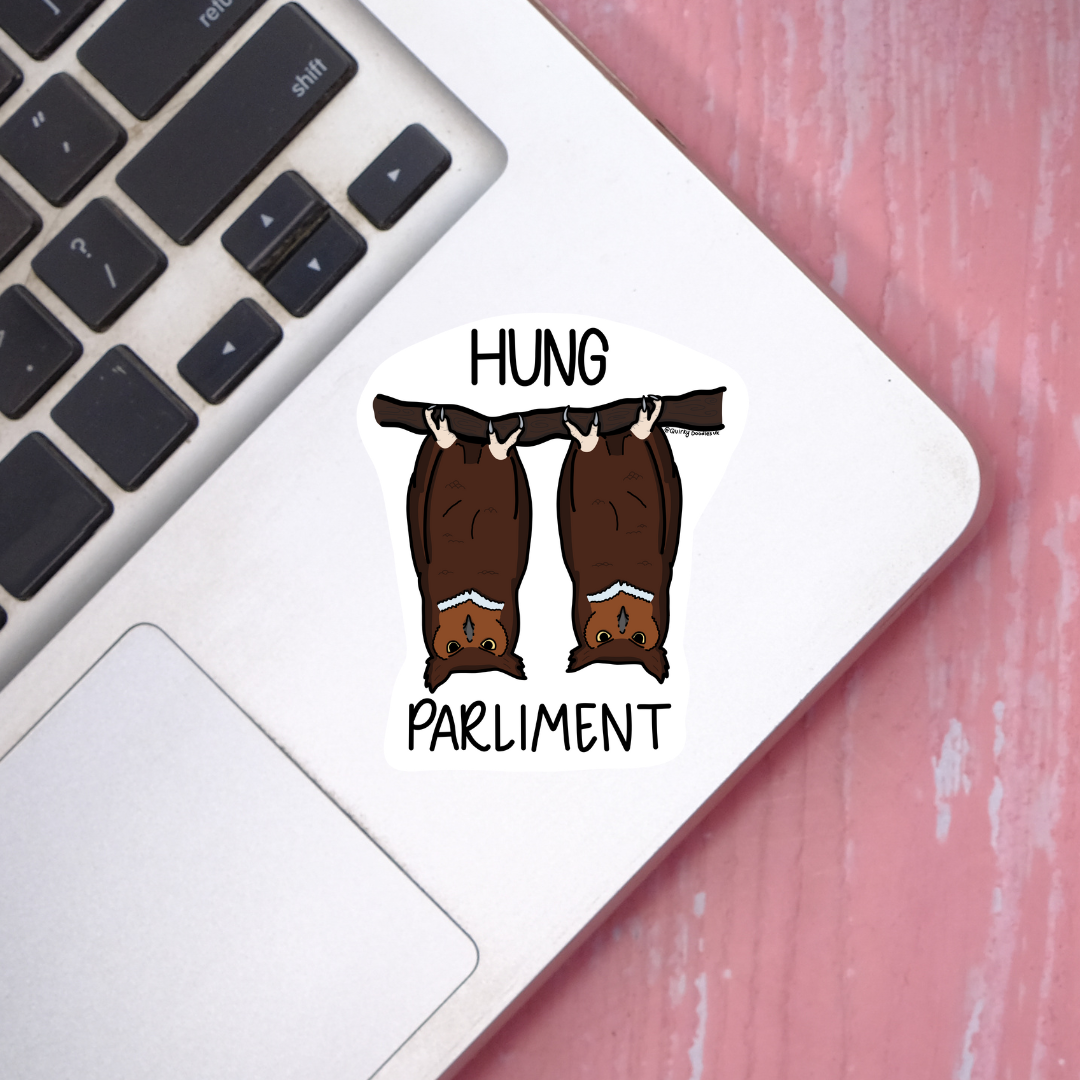 Laptop with a sticker reading 'HUNG PARLIAMENT' on a pink surface