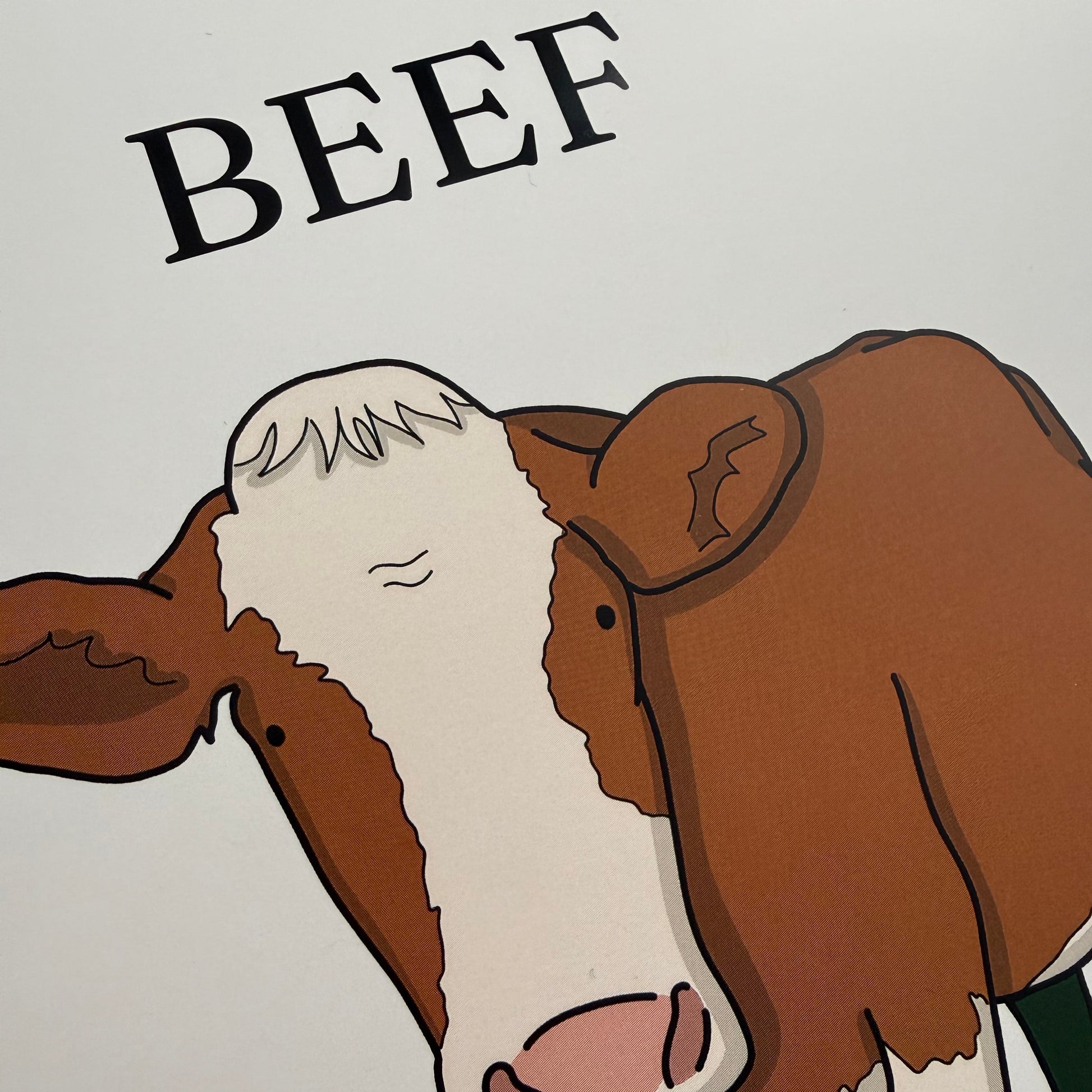Illustration of a beef roast with a knife on a light gray background, labeled 'BEEF'.
