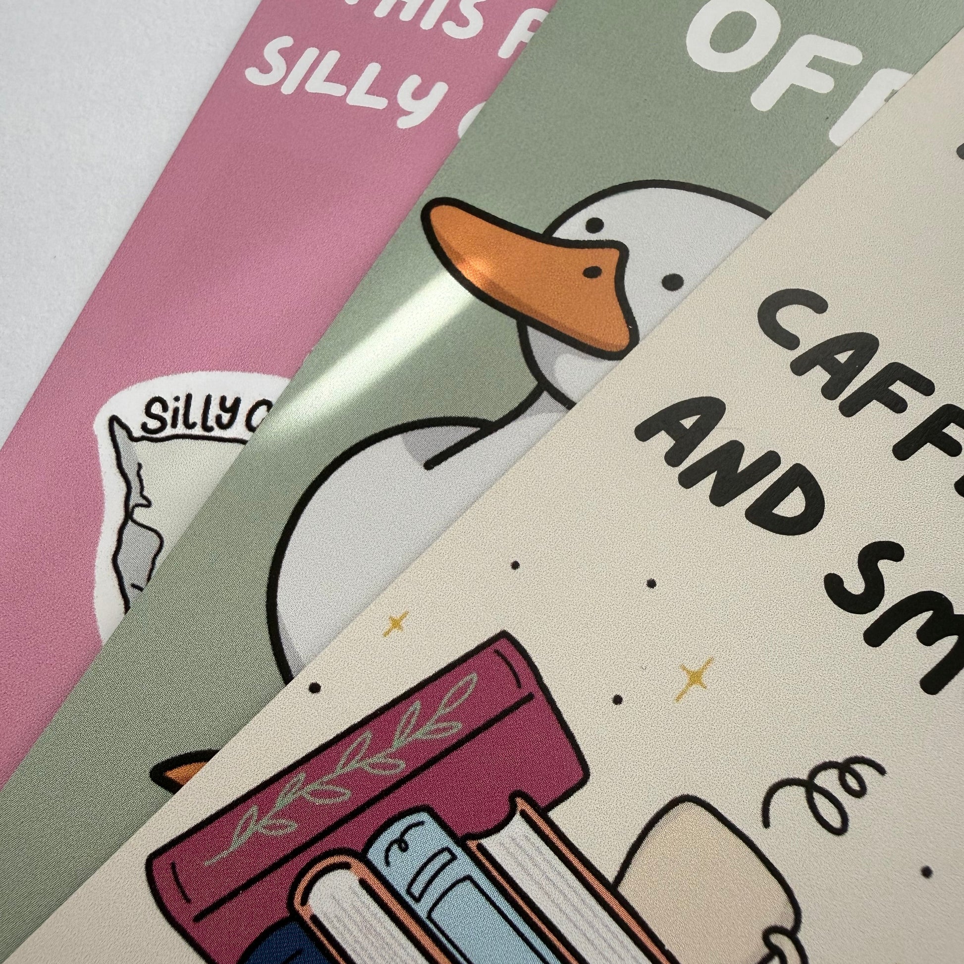 Cartoon duck with books and coffee cup on a colorful background