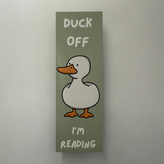 Bookmark with a duck illustration and text on a plain background