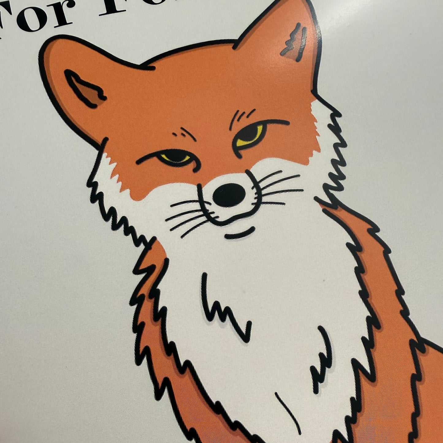 Cartoon-style illustration of a fox with a white face and brown body on a light gray background.